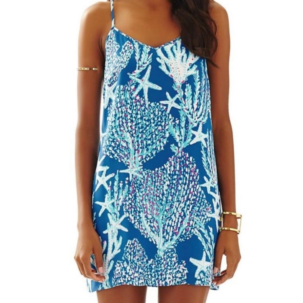 Lilly Pulitzer Dusk Dress Good Reef Blue Silk Mini Dress Sleeveless Size Medium